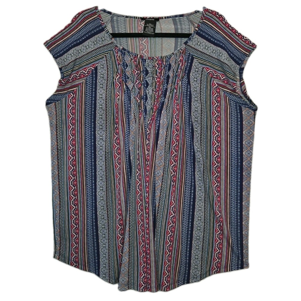 PREMISE Smocked Blouse Women's 2XL Short Cap Sleeve Top Mosaic Stripe Stretch